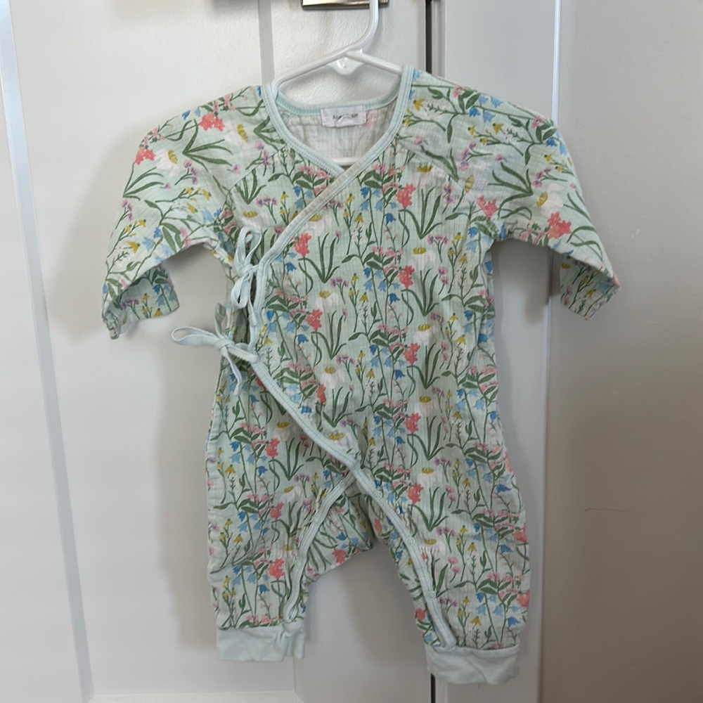 Angel Dear Floral Wrap One-Piece Footie in Mint with Pink, Yellow & Blue Flowers